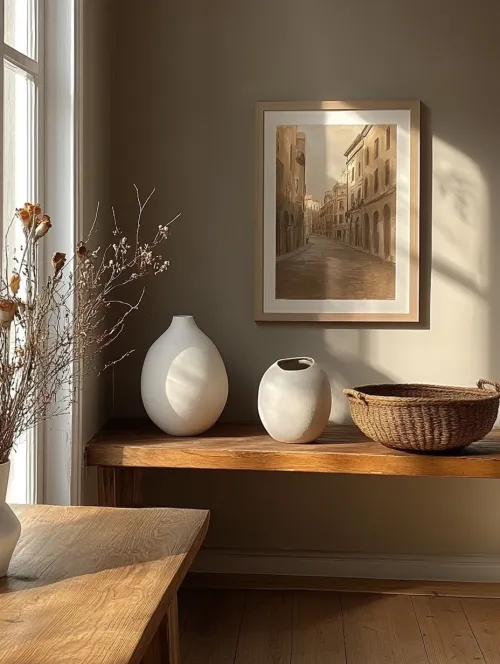 Composition of white vases and a painting in a light room interior
