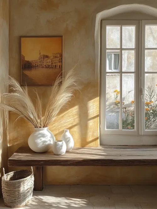 Interior de una habitación con jarrones, flores y rayos de sol