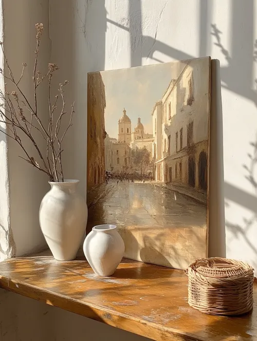 Image of a still life with vases and an oil painting on a light background