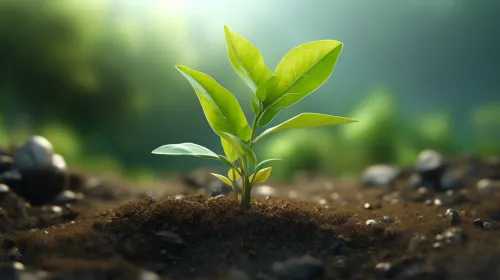 A delicate green sprout emerges from dark soil against a natural backdrop