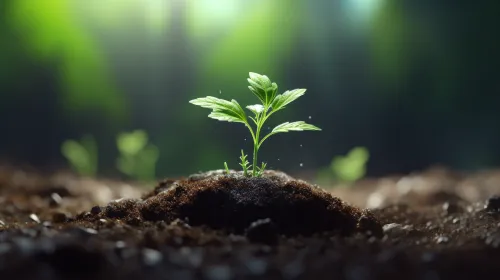 Young plant sprouting from the soil with water droplets