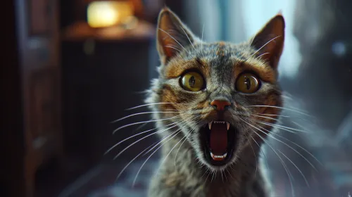 Close-up of a cat opening its mouth indoors