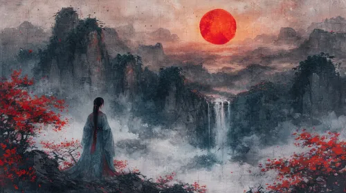 Hermoso paisaje con una chica frente al atardecer y montañas