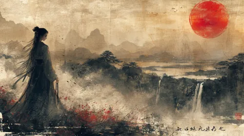 Pintura antigua de una mujer y un majestuoso paisaje de montañas y luna