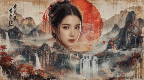 Retrato de una mujer oriental vestida con ropa tradicional frente a un paisaje pintoresco