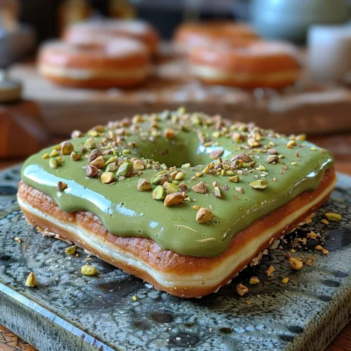 Square pastry covered with pistachio glaze and nuts on a plate.