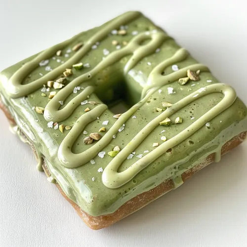 Dona con glaseado verde, cubierta de nueces y decorada con un diseño