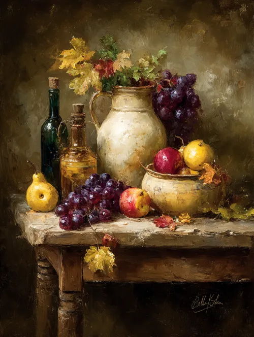 Classic still life with various fruits and decorative elements
