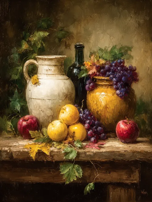 Painting with a jug, berries, and apples on a wooden table