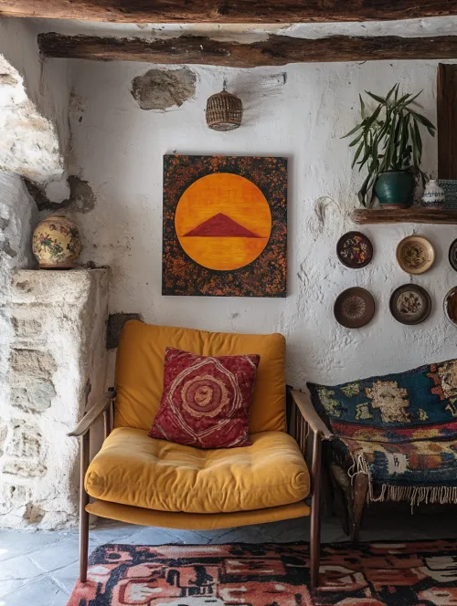 Room interior with a yellow armchair and an abstract painting on the wall
