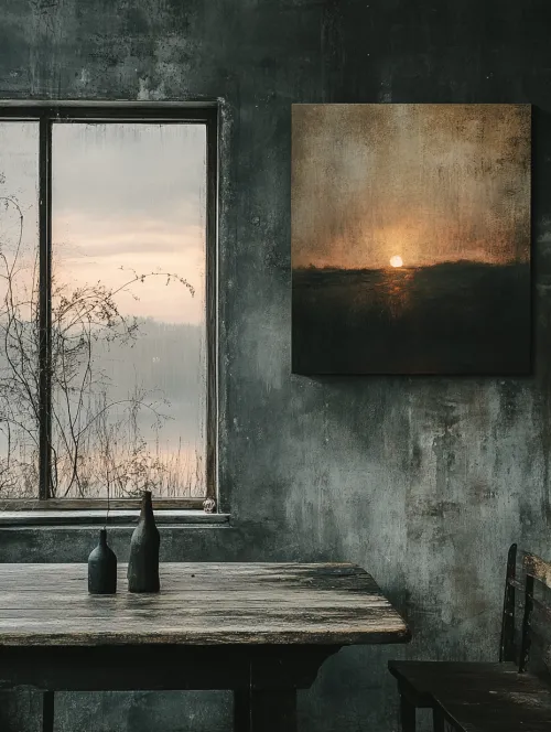 Room with a wooden table, bottles, and a blurry sunset outside the window