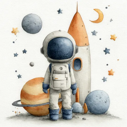 Escena astronómica con un astronauta, un cohete y planetas