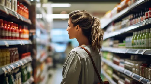 Mujer examinando productos en una estantería del supermercado