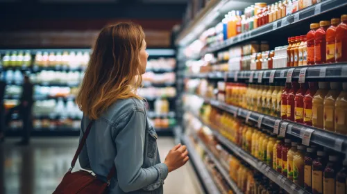 Un comprador examina una estantería con una variedad de bebidas en la tienda