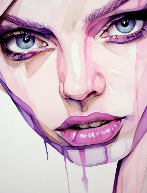 Hermoso retrato con tonos morados y rosas, enfocado en los ojos y los labios
