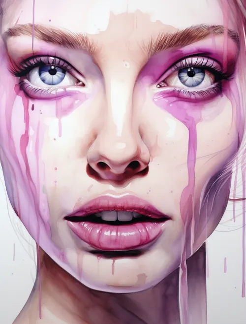 Portrait of a girl with bright eyes and drops of colorful paint on her face