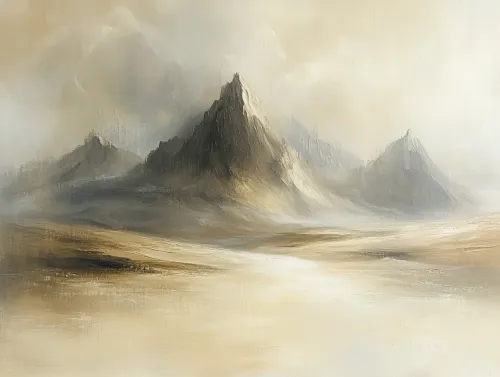 Scene of misty mountains with soft color transitions