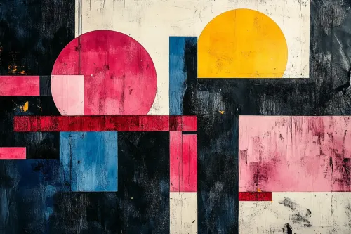 Abstracción colorida con círculos y cuadrados sobre fondo oscuro
