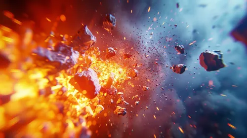 Image of an epic explosion with meteorites and fiery particles