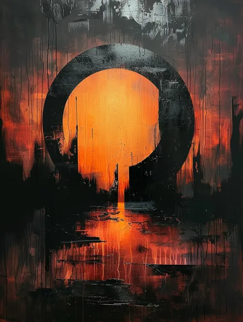 Abstract image featuring a black circle and an orange sun on a dark background