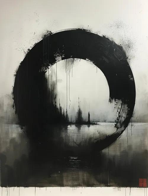 Painting featuring a black circle on a gray background
