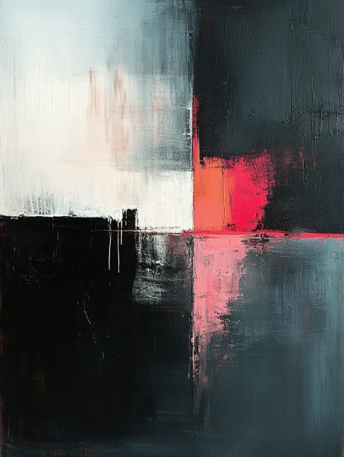 Lienzo abstracto moderno con elementos negros, grises y rojos