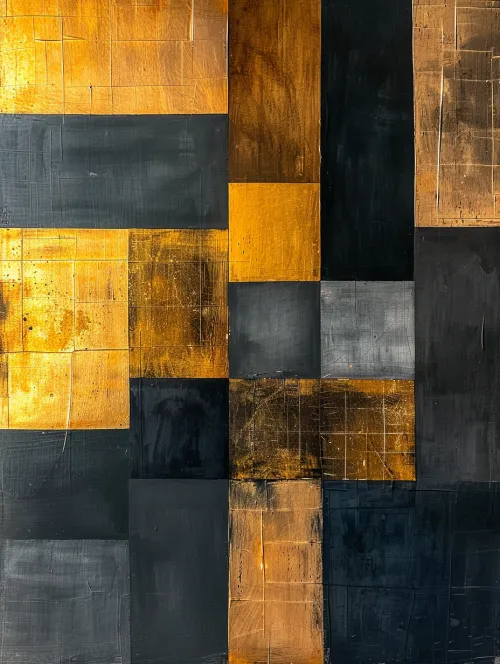 Obra de arte abstracto contemporáneo con cuadrados dorados y negros