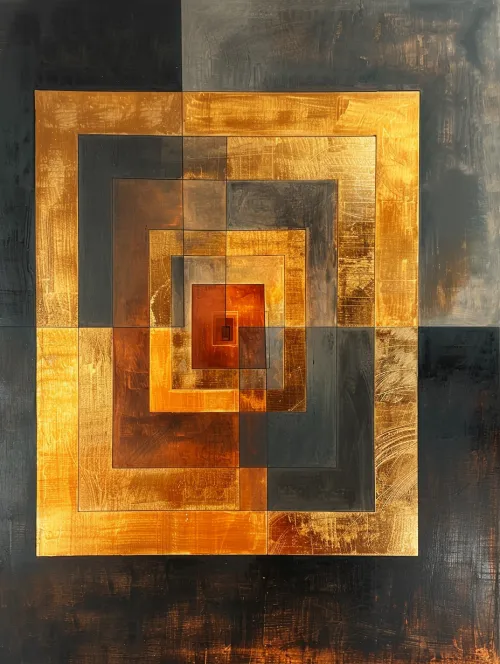Abstract artwork with squares in gold and black colors