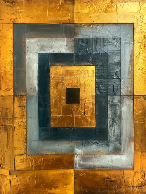 Cuadro abstracto que combina tonos dorados y gris oscuro en formas cuadradas
