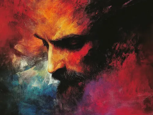 Abstract portrait of a man rendered in bright and vivid colors