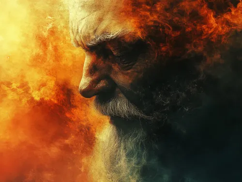 Retrato emocional de un anciano con estilización ígnea y humo