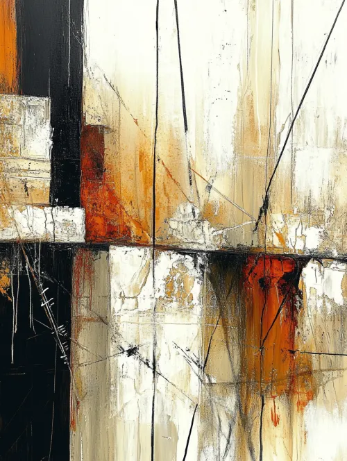 Contemporary abstract painting with black, white, and orange elements