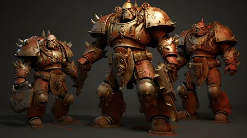 Figures of powerful warriors in metallic armor with spikes and weapons