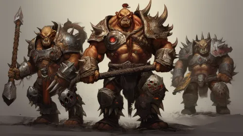 Three powerful orc warriors in massive armor with weapons