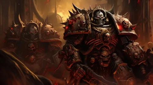 Powerful warrior in armor adorned with skulls and red accents against a dark background