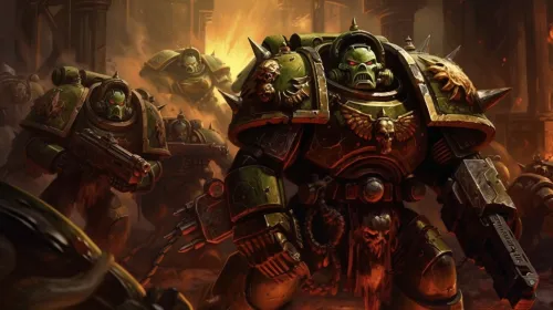 A group of space marines in combat training in a ruined city