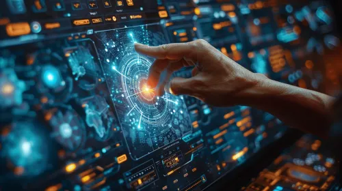 A hand interacts with a high-tech interface featuring vibrant graphics and animations