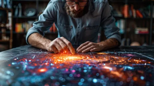 A person studies a bright space map with numerous details