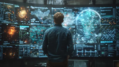 Man looking at a complex array of informational data on a screen