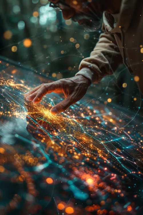 An image of a person touching a glowing digital map with data and graphics