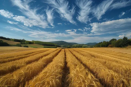 Amplios campos dorados de trigo bajo un cielo azul con nubes
