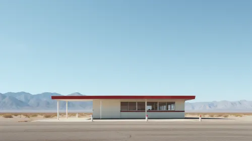 Lone structure with a red roof amid a desert landscape