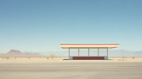Modest bus station against the backdrop of a desert landscape with mountains
