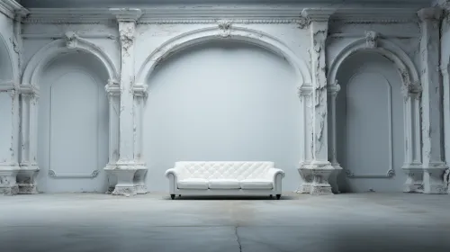 Elegant White Sofa Against a Backdrop of Classical Architectural Elements