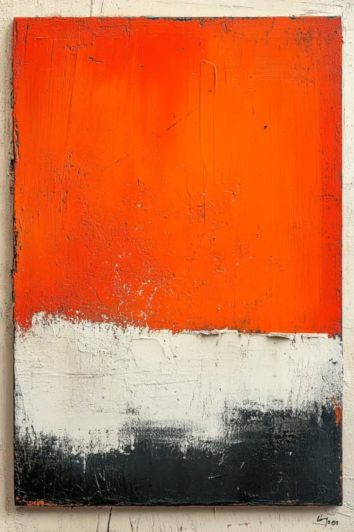Painting with contrasting orange, white, and black colors