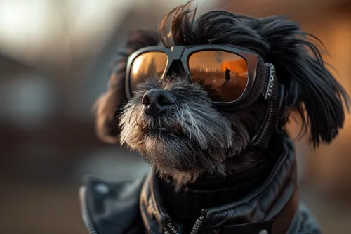 Perro peludo con gafas de moda y reflejo en las lentes