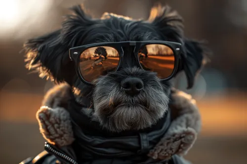 Primer plano de un perro con gafas de sol elegantes en la calle
