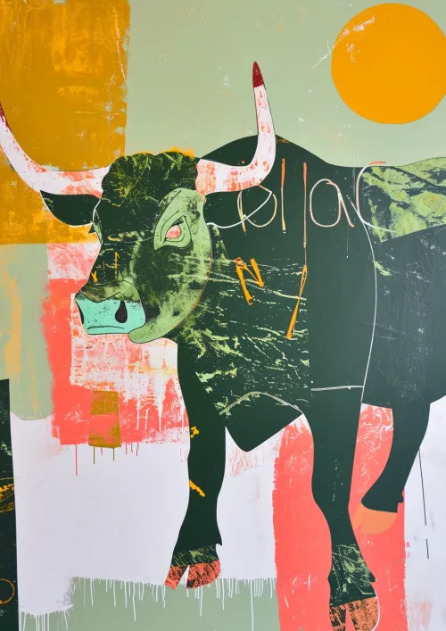 Pintura abstracta con un toro sobre un fondo de colores vibrantes