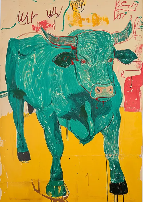 Pintura estilizada de un toro en colores brillantes y un contexto abstracto