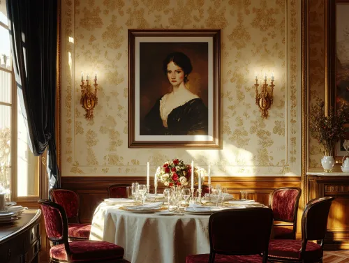 Mesa lujosa con servicio en restaurante con retrato en la pared